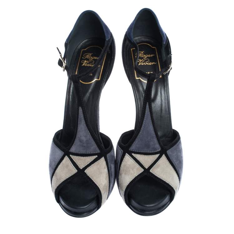 Pre Owned Roger Vivier Tri Color Suede T-Bar Ankle Strap Peep Toe Platform Pumps Size 39