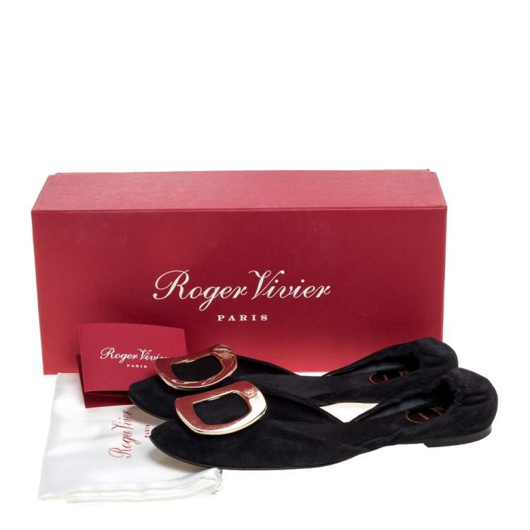 Pre Owned Roger Vivier Black Suede Leather Chips Scrunch Ballet Flats Size 37