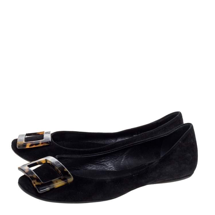 Pre Owned Roger Vivier Black Suede Tortoise Shell Buckle Ballet Flats Size 36.5