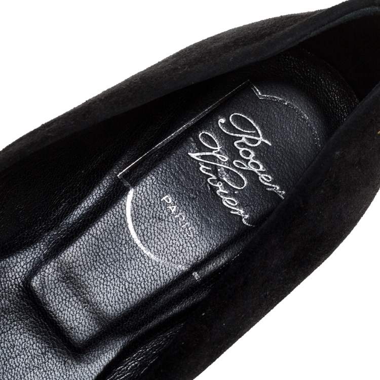 Pre Owned Roger Vivier Black Suede Tortoise Shell Buckle Ballet Flats Size 36.5