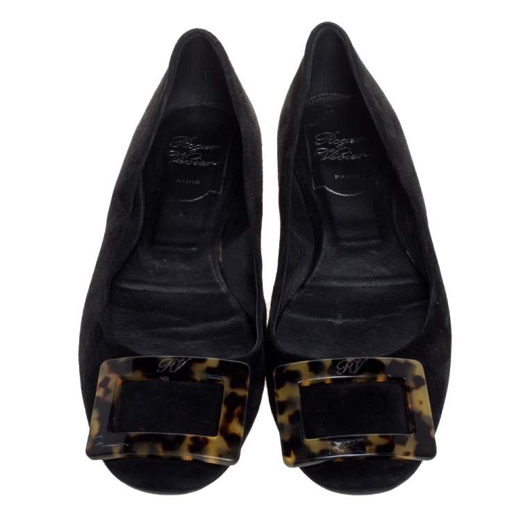 Pre Owned Roger Vivier Black Suede Tortoise Shell Buckle Ballet Flats Size 36.5
