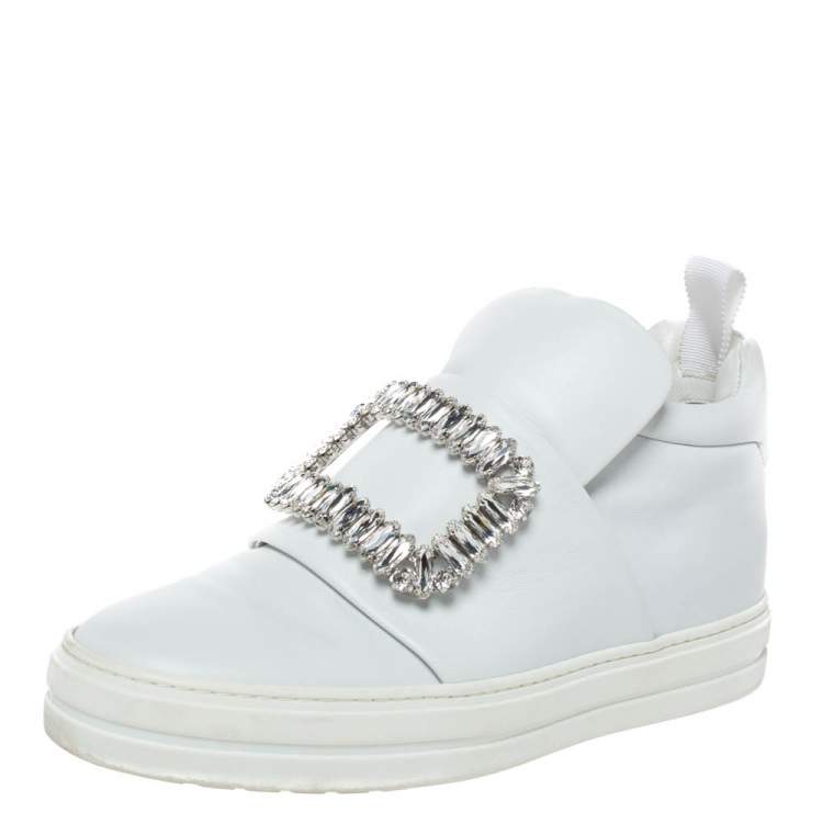 Pre Owned Roger Vivier White Leather Sneaky Viv Embellished Slip On Sneakers Size 35