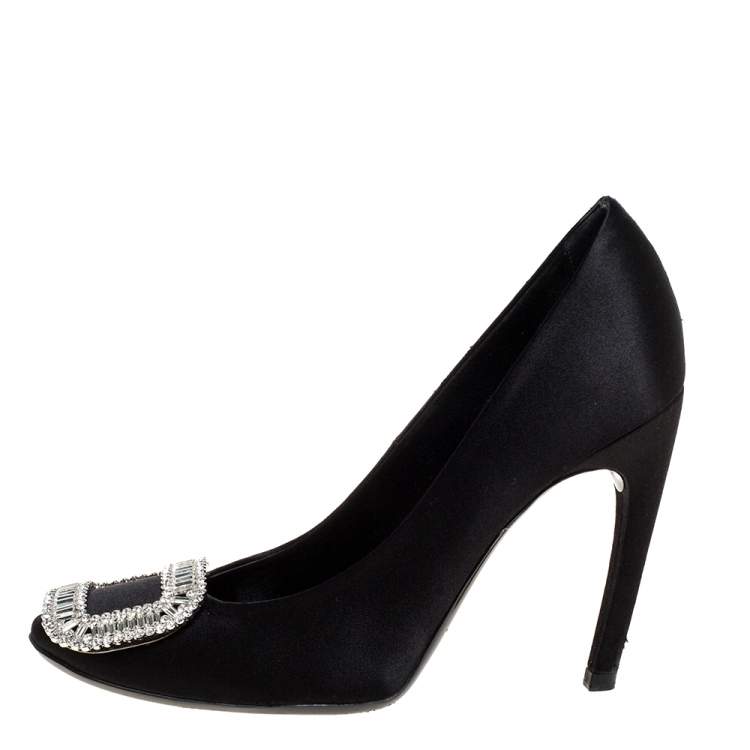 Pre Owned Roger Vivier Black Embellished Satin Limelight Buckle Pumps Size 37