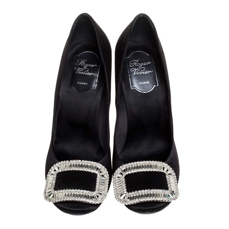 Pre Owned Roger Vivier Black Embellished Satin Limelight Buckle Pumps Size 37