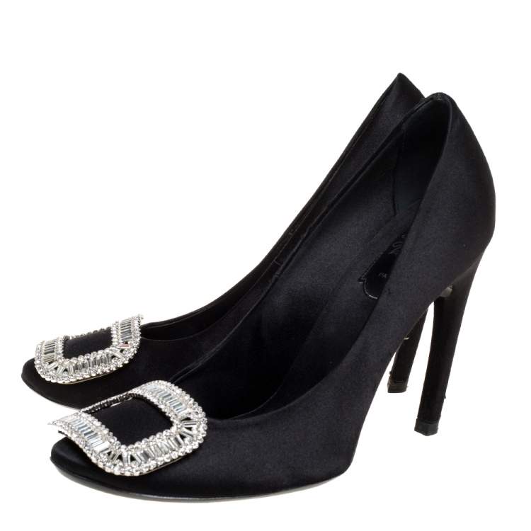 Pre Owned Roger Vivier Black Embellished Satin Limelight Buckle Pumps Size 37
