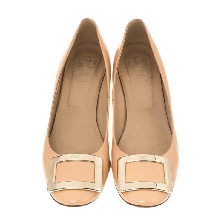 Pre Owned Roger Vivier Beige Leather Square Toe Pumps Size 39.5