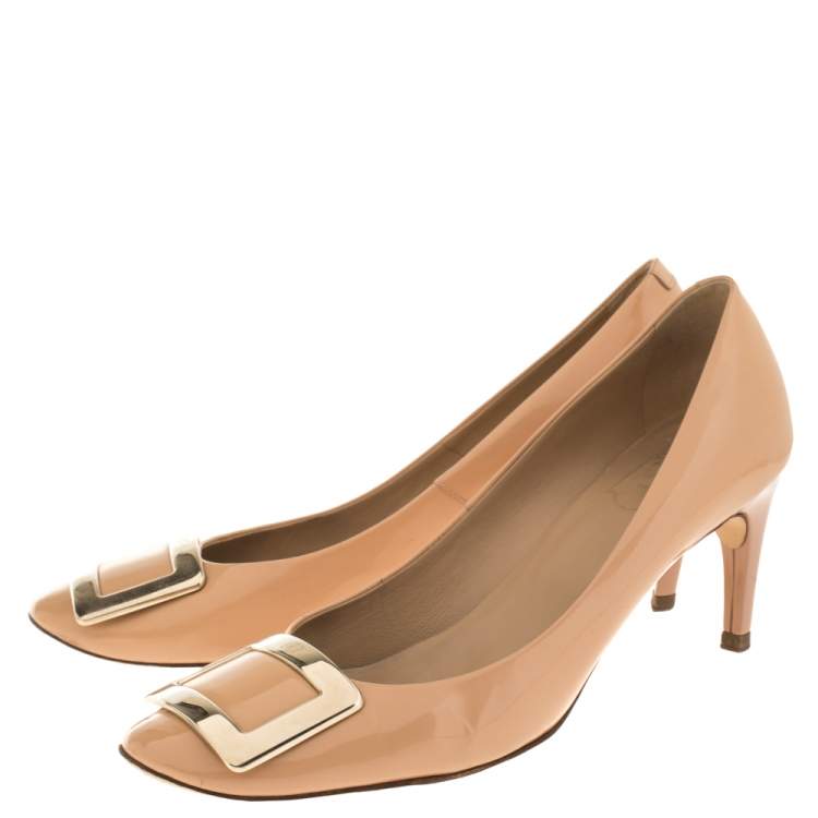Pre Owned Roger Vivier Beige Leather Square Toe Pumps Size 39.5