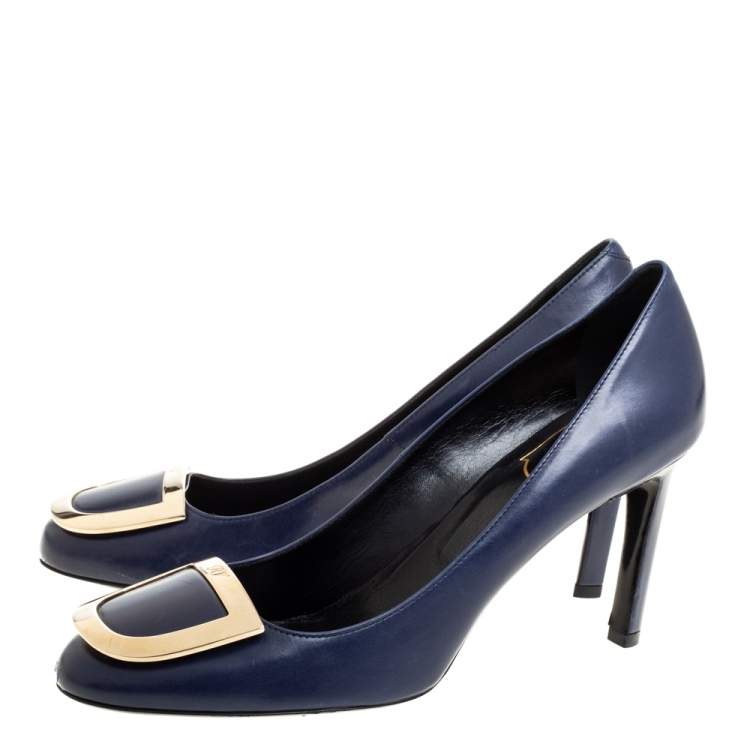 Pre Owned Roger Vivier Blue Leather Round Toe Pumps Size 38