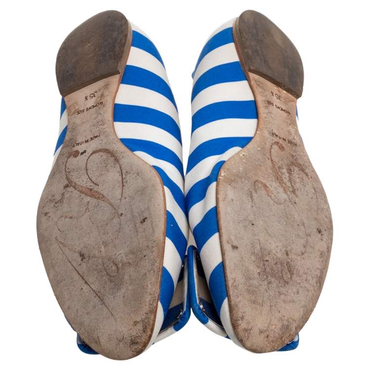 Pre Owned Roger Vivier Blue/White Satin Striped Ballet Flats Size 35.5
