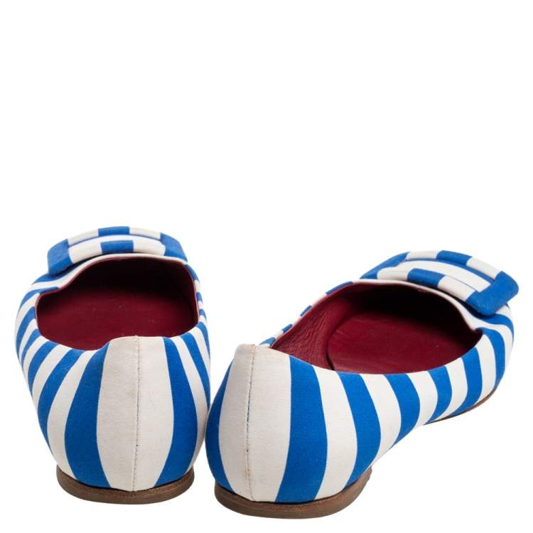 Pre Owned Roger Vivier Blue/White Satin Striped Ballet Flats Size 35.5