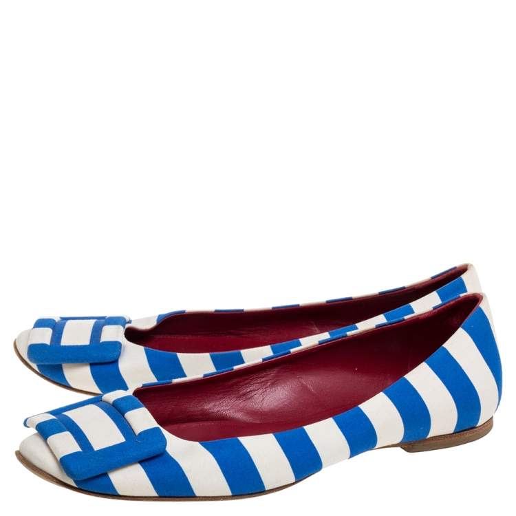 Pre Owned Roger Vivier Blue/White Satin Striped Ballet Flats Size 35.5