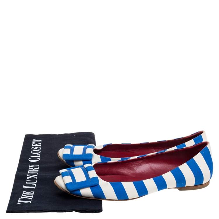 Pre Owned Roger Vivier Blue/White Satin Striped Ballet Flats Size 35.5