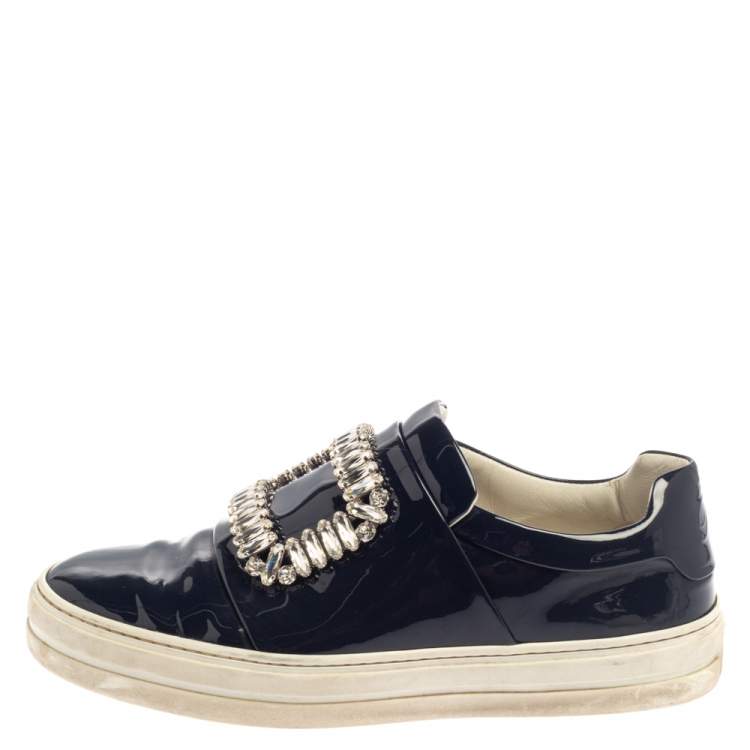 Pre Owned Rger Vivier Blue Patent Leather Sneaky Viv Embellished Low Top Sneakers Size 35