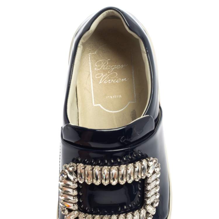 Pre Owned Rger Vivier Blue Patent Leather Sneaky Viv Embellished Low Top Sneakers Size 35