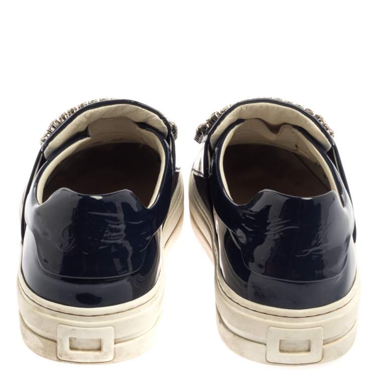Pre Owned Rger Vivier Blue Patent Leather Sneaky Viv Embellished Low Top Sneakers Size 35