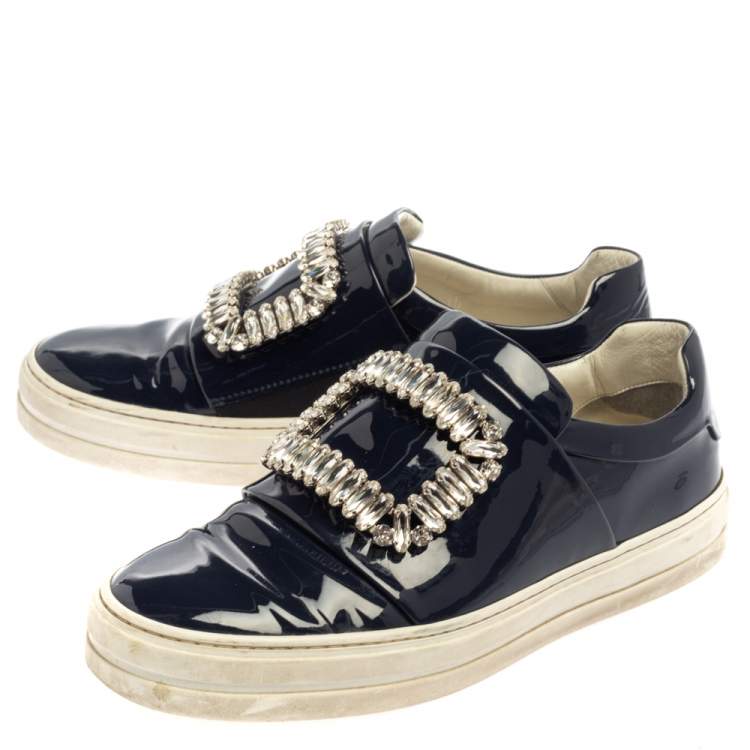 Pre Owned Rger Vivier Blue Patent Leather Sneaky Viv Embellished Low Top Sneakers Size 35