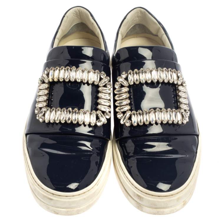 Pre Owned Rger Vivier Blue Patent Leather Sneaky Viv Embellished Low Top Sneakers Size 35