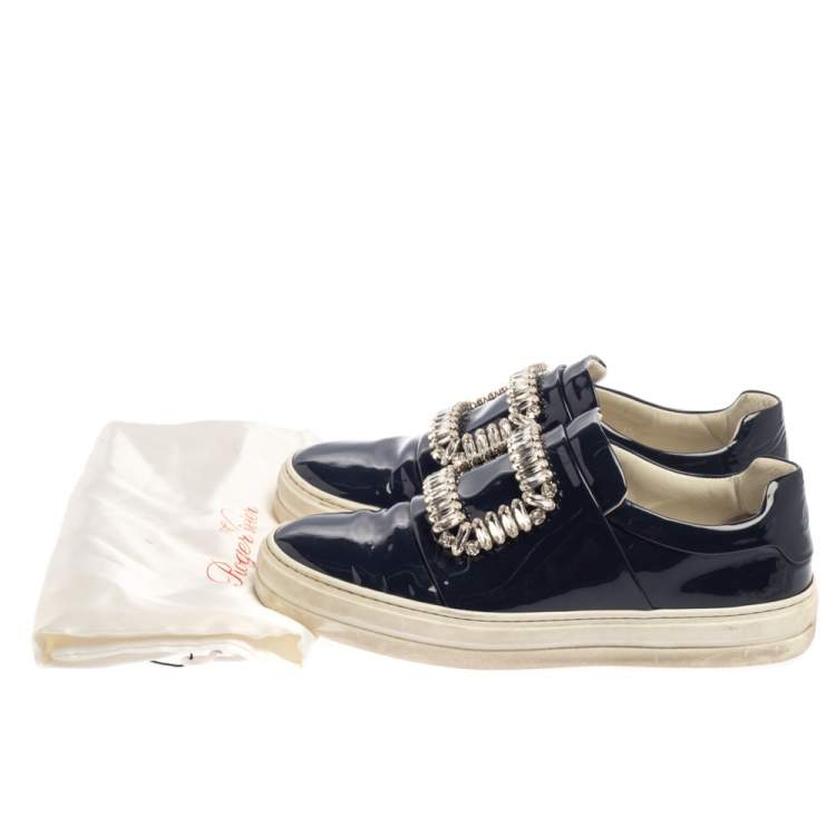 Pre Owned Rger Vivier Blue Patent Leather Sneaky Viv Embellished Low Top Sneakers Size 35