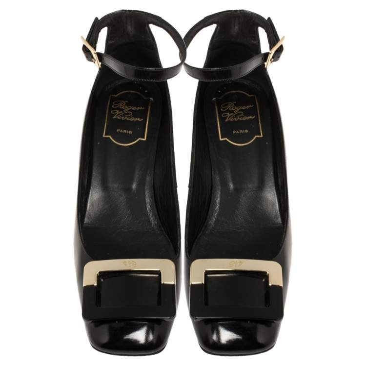 مملوكة مسبقًا Roger Vivier Black Leather Buckle Detail Ankle Strap Pumps Size 38.5