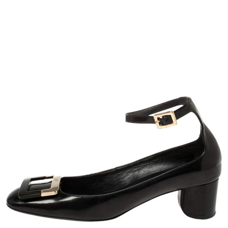 مملوكة مسبقًا Roger Vivier Black Leather Buckle Detail Ankle Strap Pumps Size 38.5