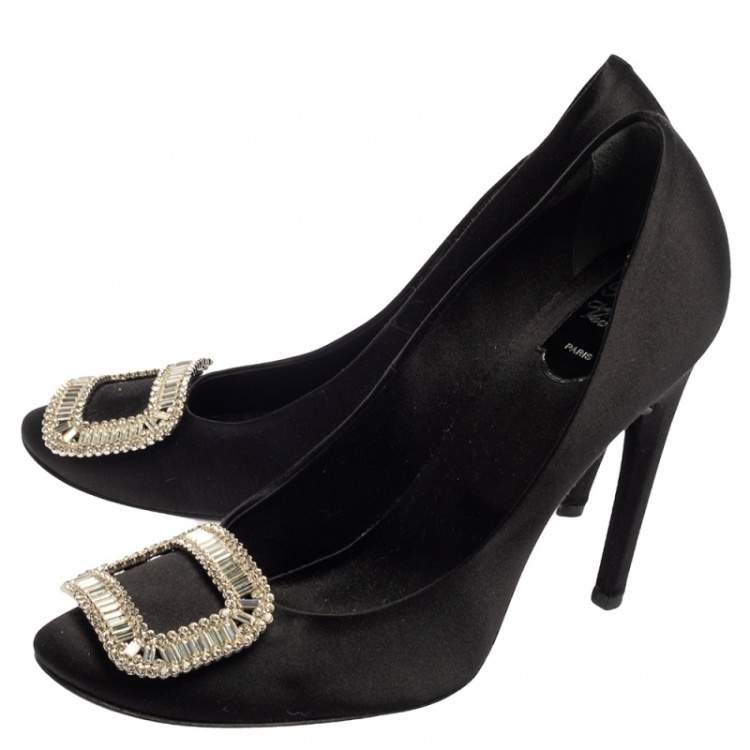 Pre Owned Roger Vivier Black Satin Trompette Crystal Embellished Pumps Size 41