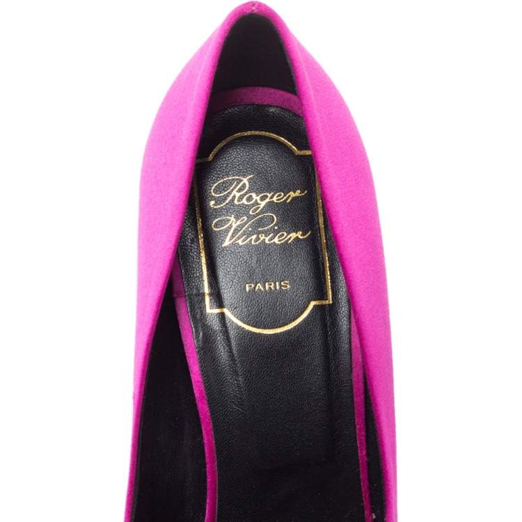 Pre Owned Roger Vivier Pink Satin Fuschia Embellished Peep Toe Pumps Size 39