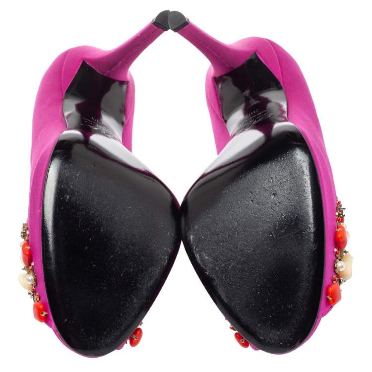 Pre Owned Roger Vivier Pink Satin Fuschia Embellished Peep Toe Pumps Size 39
