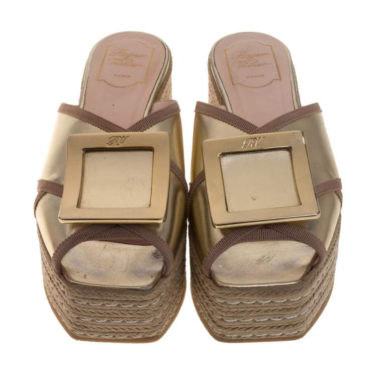 Pre Owned Roger Vivier Gold Leather Bikiviv Espadrille Wedge Platform Slide Sandals Size 40