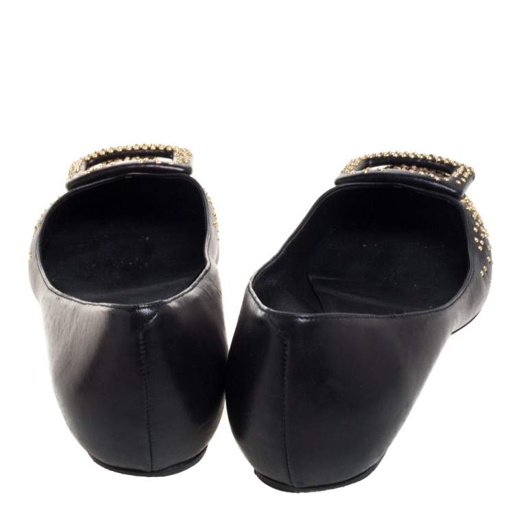 Pre Owned Roger Vivier Black Studded Leather Gommettine Ballet Flats Size 37