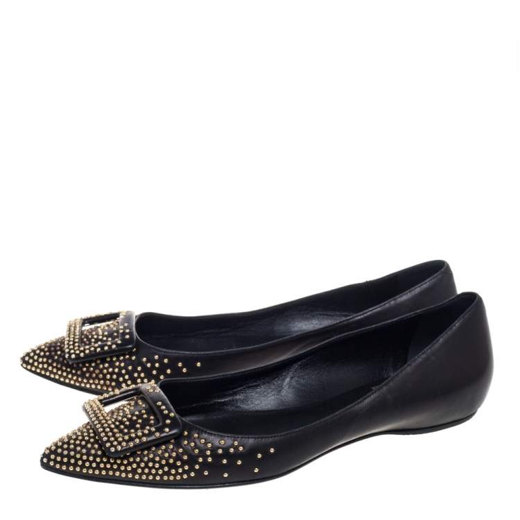 Pre Owned Roger Vivier Black Studded Leather Gommettine Ballet Flats Size 37