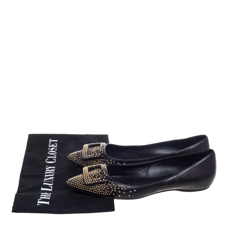 Pre Owned Roger Vivier Black Studded Leather Gommettine Ballet Flats Size 37