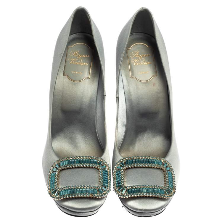 Pre Owned Roger Vivier Grey Satin Limelight Embellished Pumps Size 40