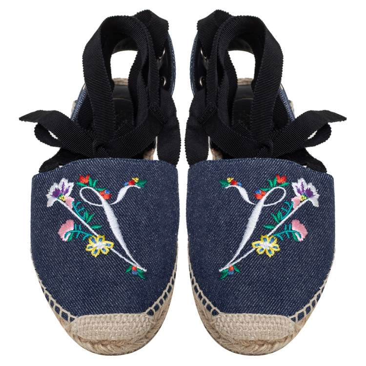 Pre Owned Roger Vivier Blue Denim Lace-Up Espadrilles Size 35