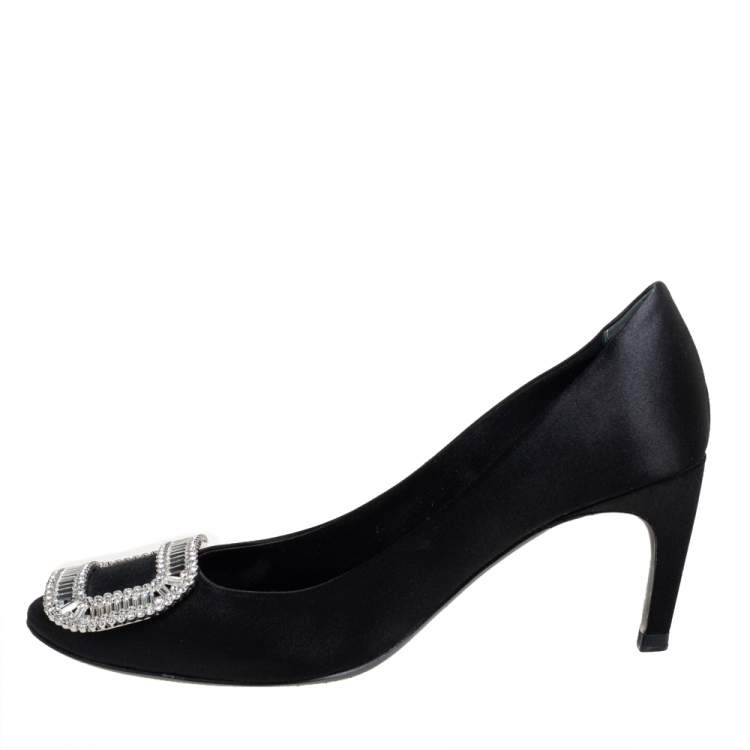 Pre Owned Roger Vivier Black Satin Crystal Embellished  Pumps Size 36.5