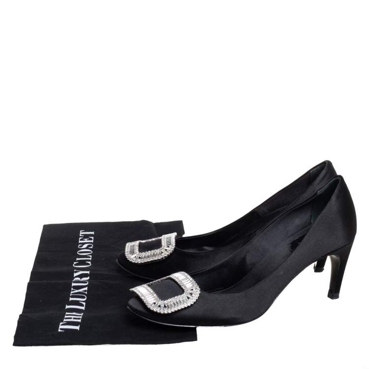 Pre Owned Roger Vivier Black Satin Crystal Embellished  Pumps Size 36.5