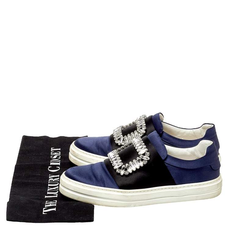Pre Owned Roger Vivier Navy Blue/Black Satin Sneaky Viv Embellished Slip On Sneakers Size 35