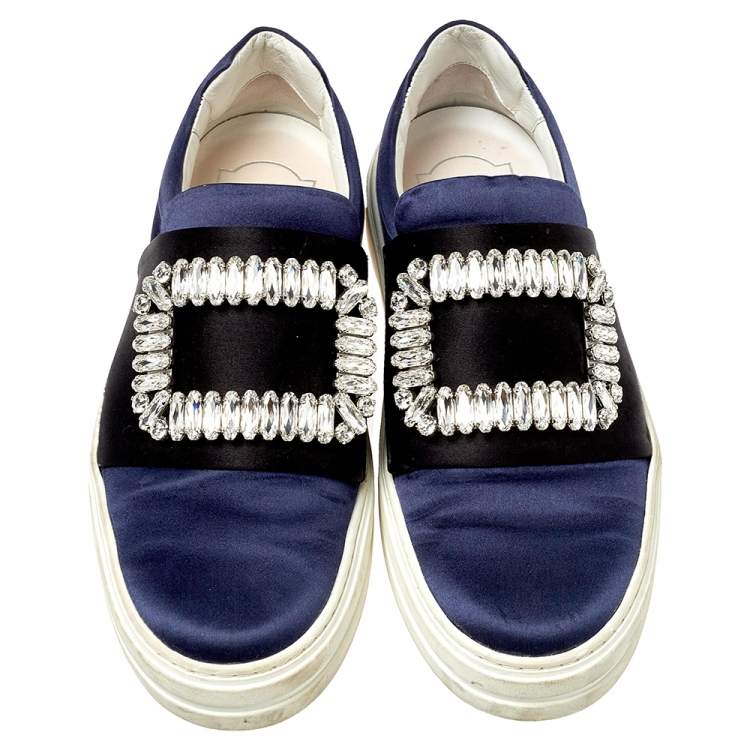 Pre Owned Roger Vivier Navy Blue/Black Satin Sneaky Viv Embellished Slip On Sneakers Size 35
