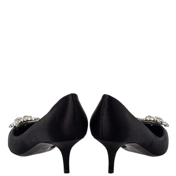 Pre Owned Roger Vivier Black Satin Crystal Embellished Pointed Toe Pumps Size 39.5