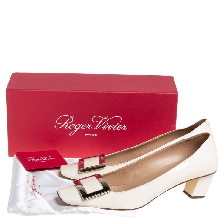 مملوكة مسبقًا Roger Vivier Cream Patent Leather Square Toe Belle Pumps Size 40