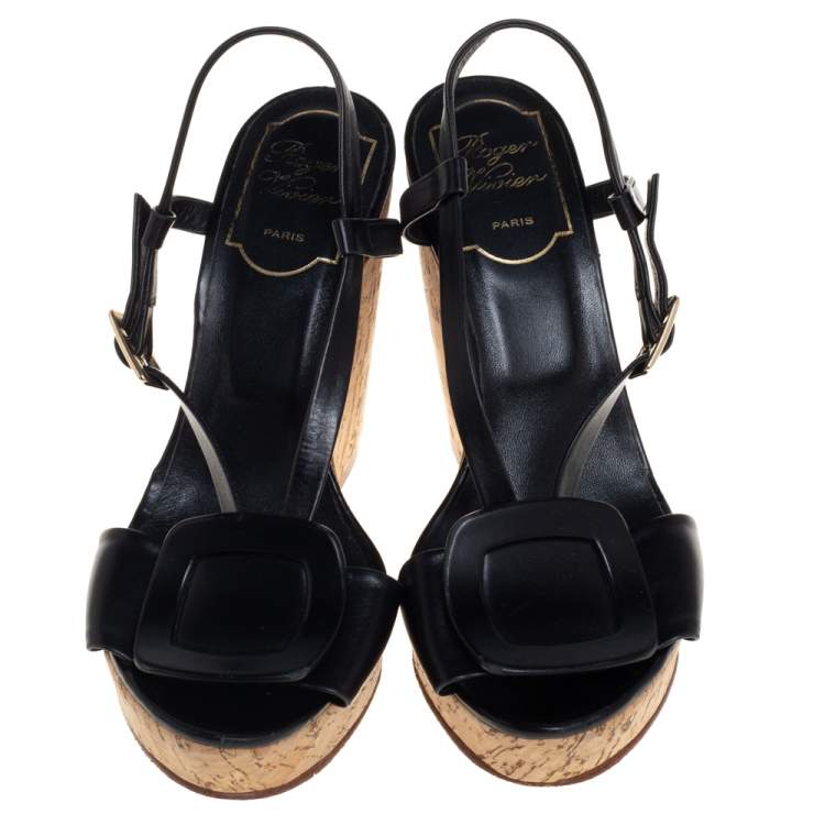 Pre Owned Roger Vivier Black Leather Cork Wedge Sandals Size 35.5