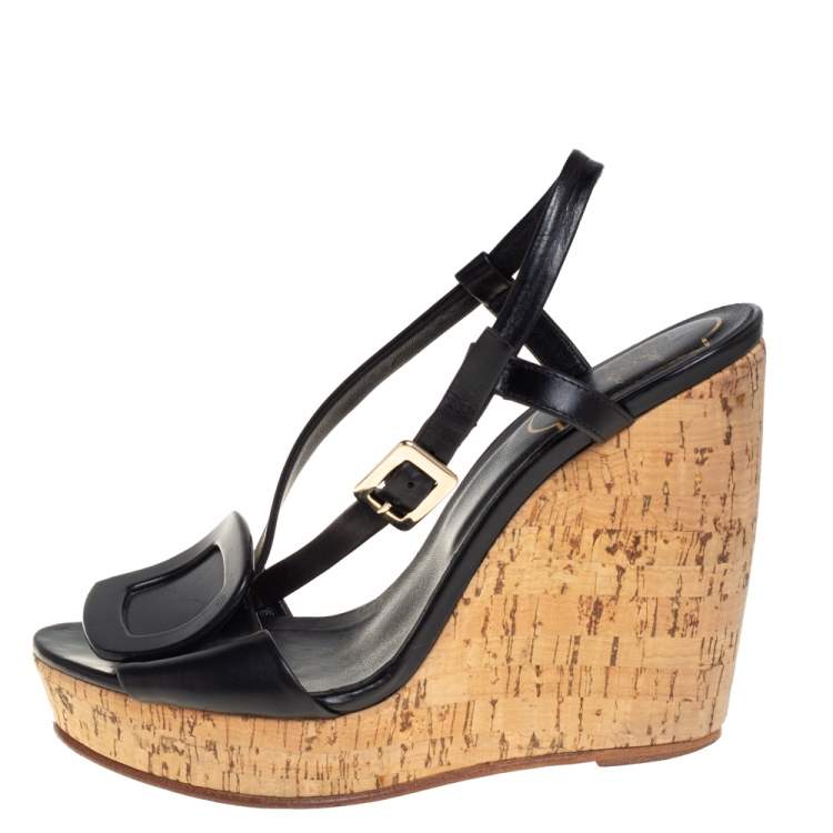 Pre Owned Roger Vivier Black Leather Cork Wedge Sandals Size 35.5