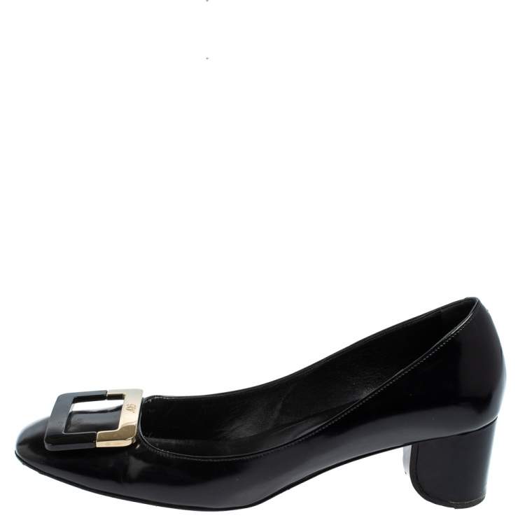 Pre Owned Roger Vivier Black Leather Belle Vivier Buckle Block Heel Pumps Size 38.5