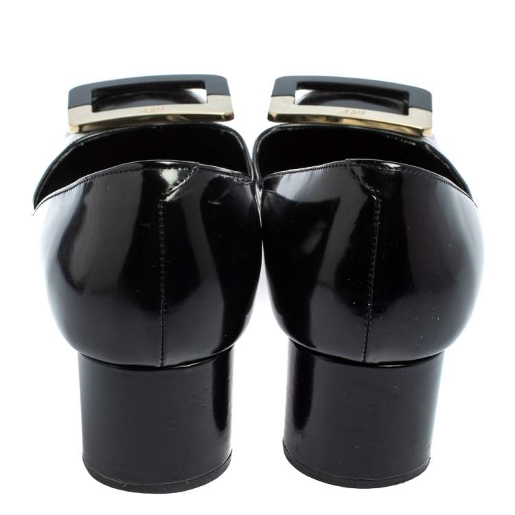 Pre Owned Roger Vivier Black Leather Belle Vivier Buckle Block Heel Pumps Size 38.5