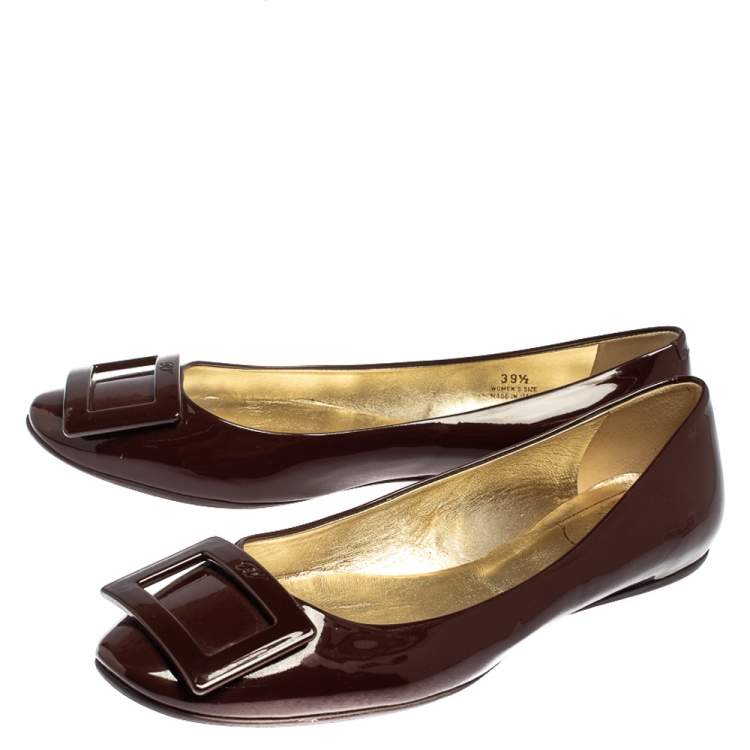 Pre Owned Roger Vivier Burgundy Patent Leather Gommette Ballet Flats Size 39.5