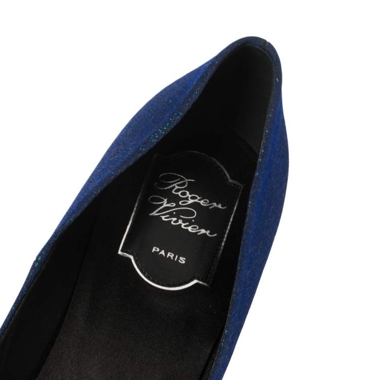 Pre Owned Roger Vivier Blue Glitter Fabric Flower Strass Crystal Embellished Pointed Toe Pumps Size 40