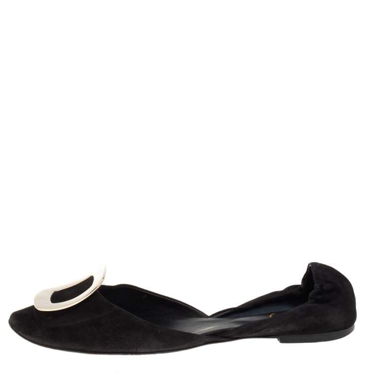 Pre Owned Roger Vivier Black Suede Chips D'Orsay Buckle Flats Size 38