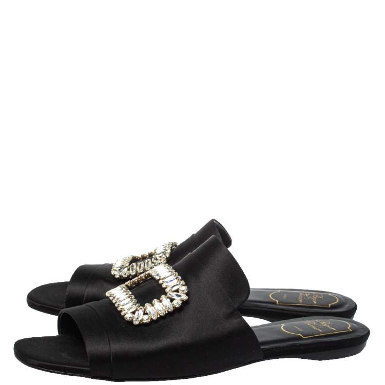 Pre Owned Roger Vivier Black Satin Tiffany Buckle Flat Slides Size 41 
