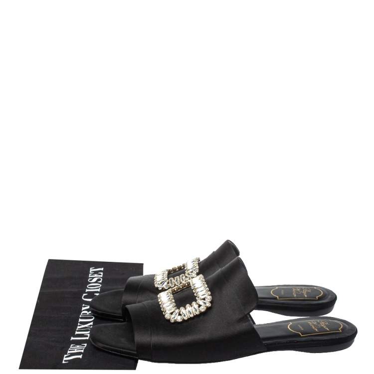 Pre Owned Roger Vivier Black Satin Tiffany Buckle Flat Slides Size 41 