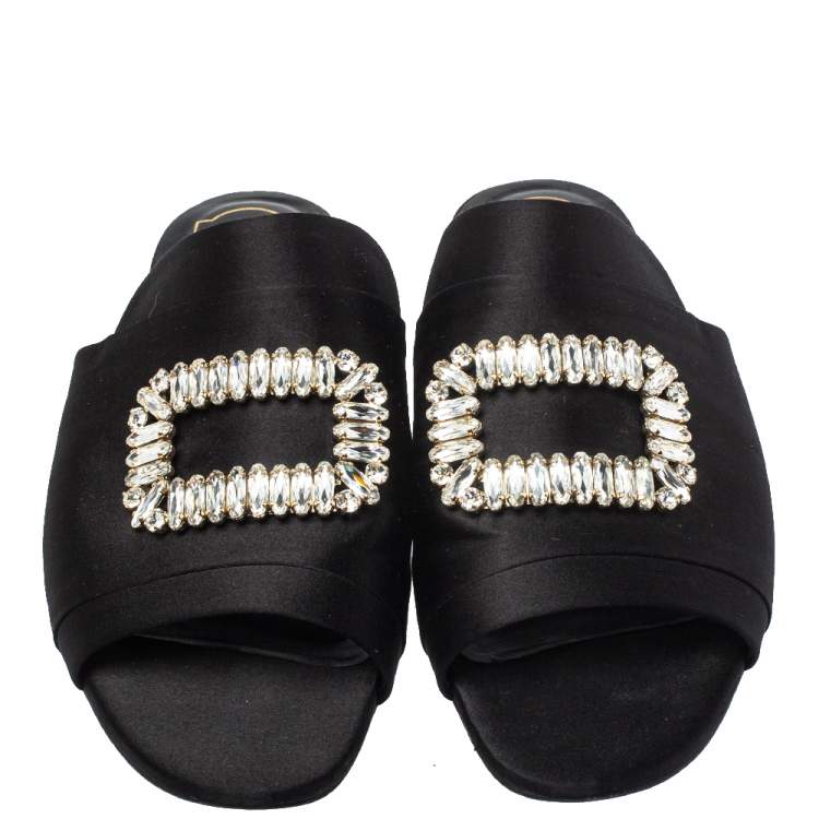 Pre Owned Roger Vivier Black Satin Tiffany Buckle Flat Slides Size 41 
