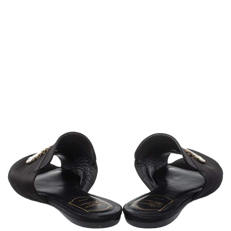 Pre Owned Roger Vivier Black Satin Tiffany Buckle Flat Slides Size 41 
